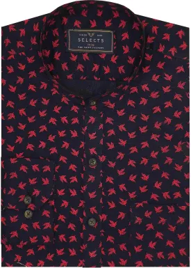 Selects Cotton Printed Shirt Linen Finish with Mandarin Collar - Black (0566-MAN)