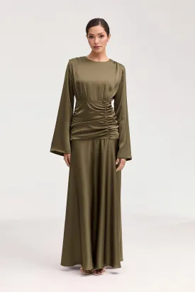 Shams Satin Side Rouched Maxi Dress - Olive