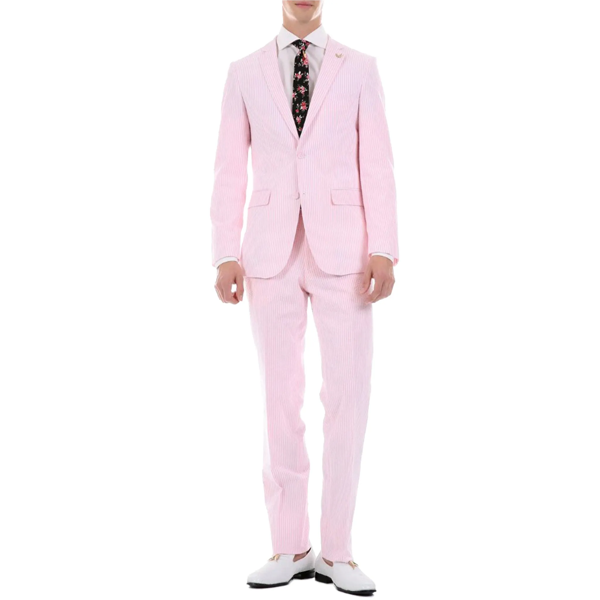 Slim Fit Pink Seersucker Suit