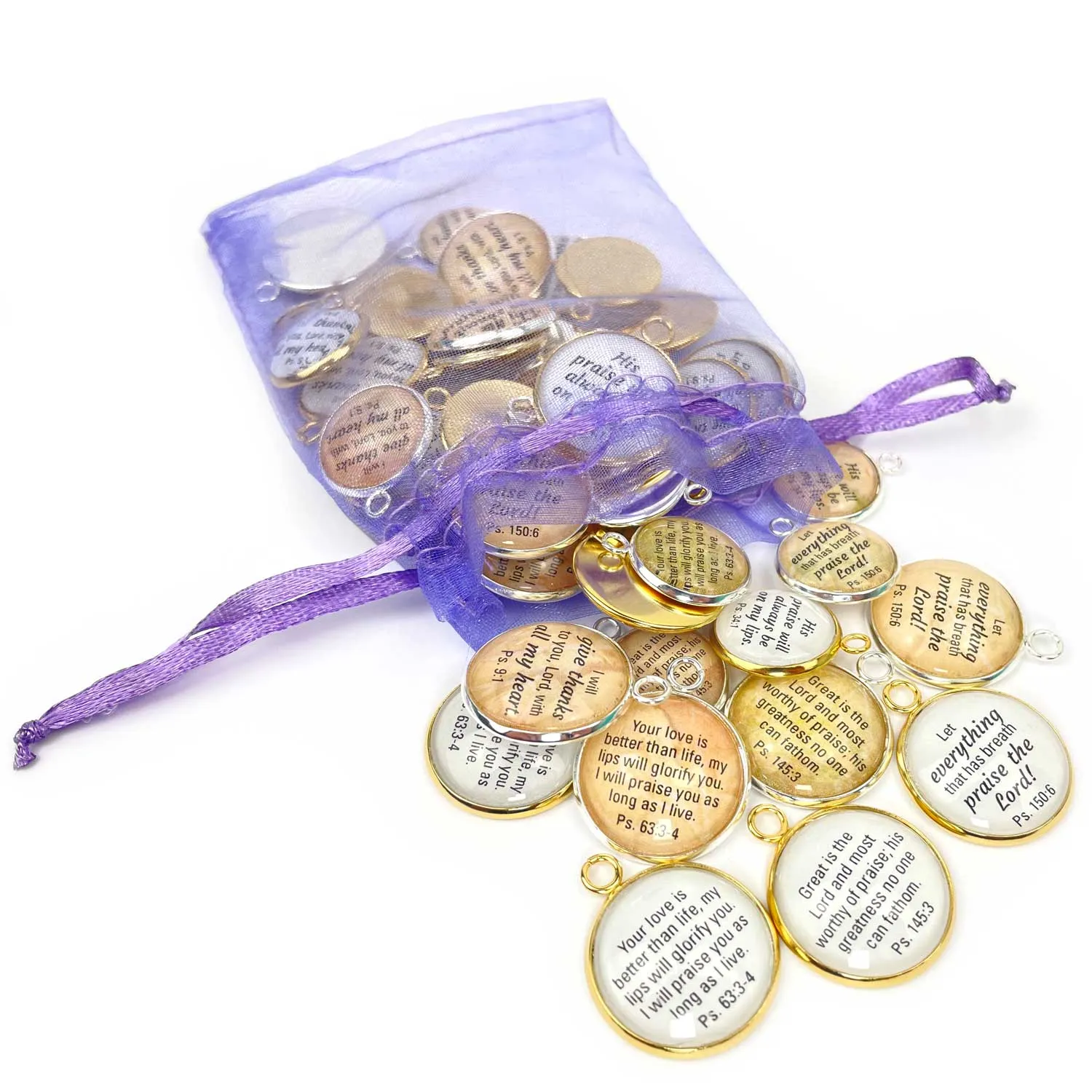 Spanish Scripture Charms – Set of 6 Religious Charms for Jewelry Making – 16 or 20mm, Silver, Gold – Bulk Christian Jewelry Charms