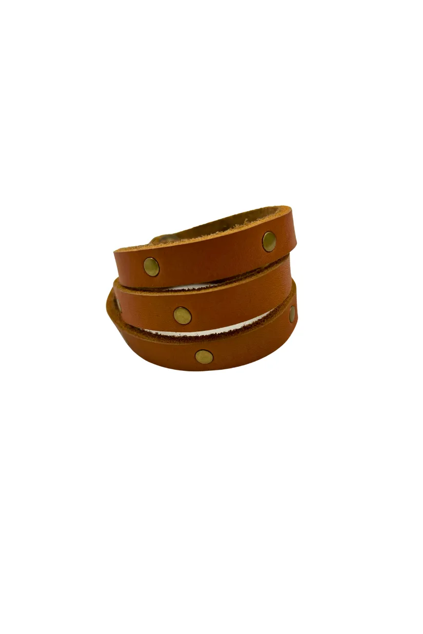 Tri Wrap Studded Leather Bracelet in Cognac