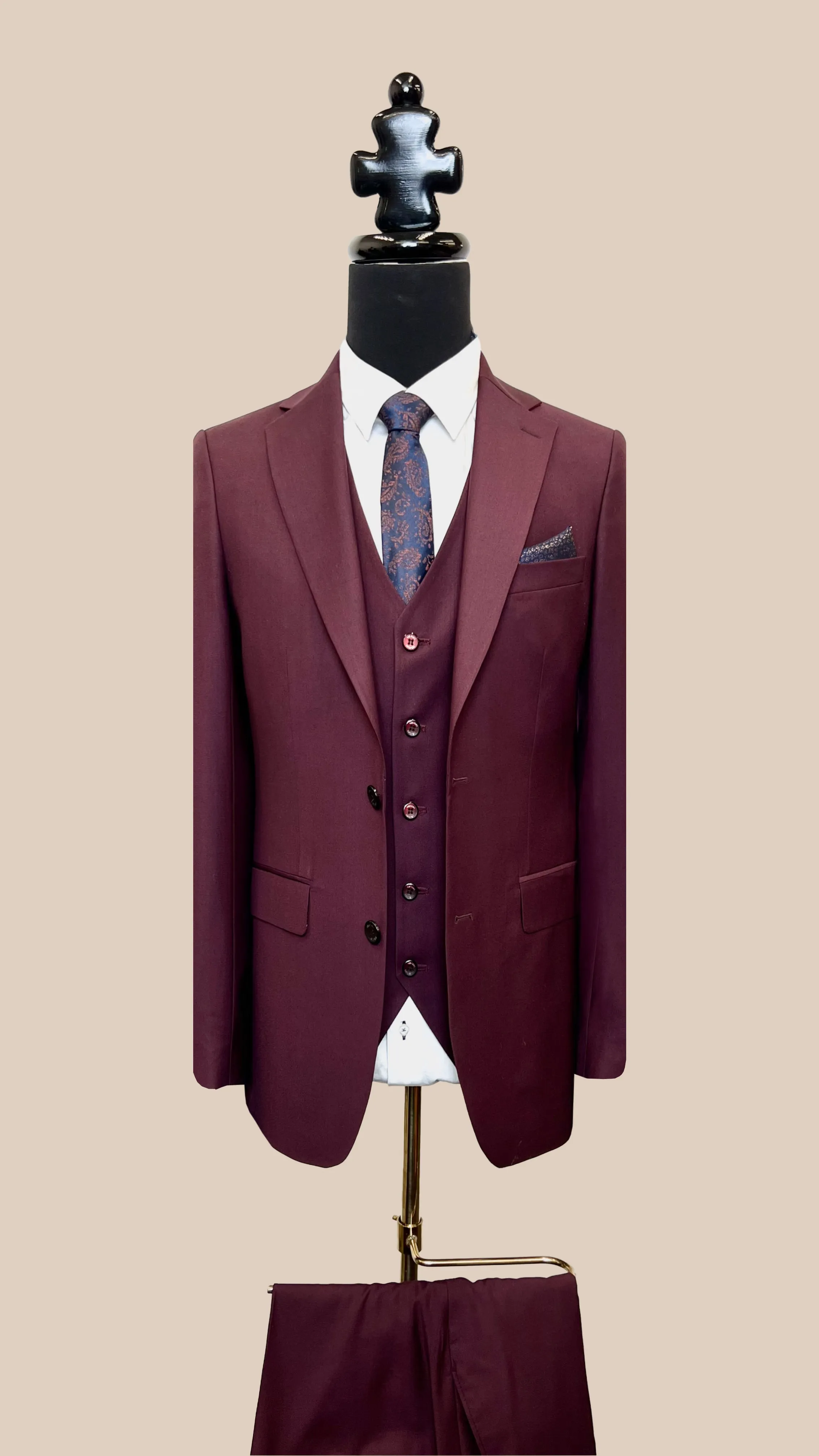 Vercini Premium Burgundy 3-Piece Men's Suit with Patterned Lining