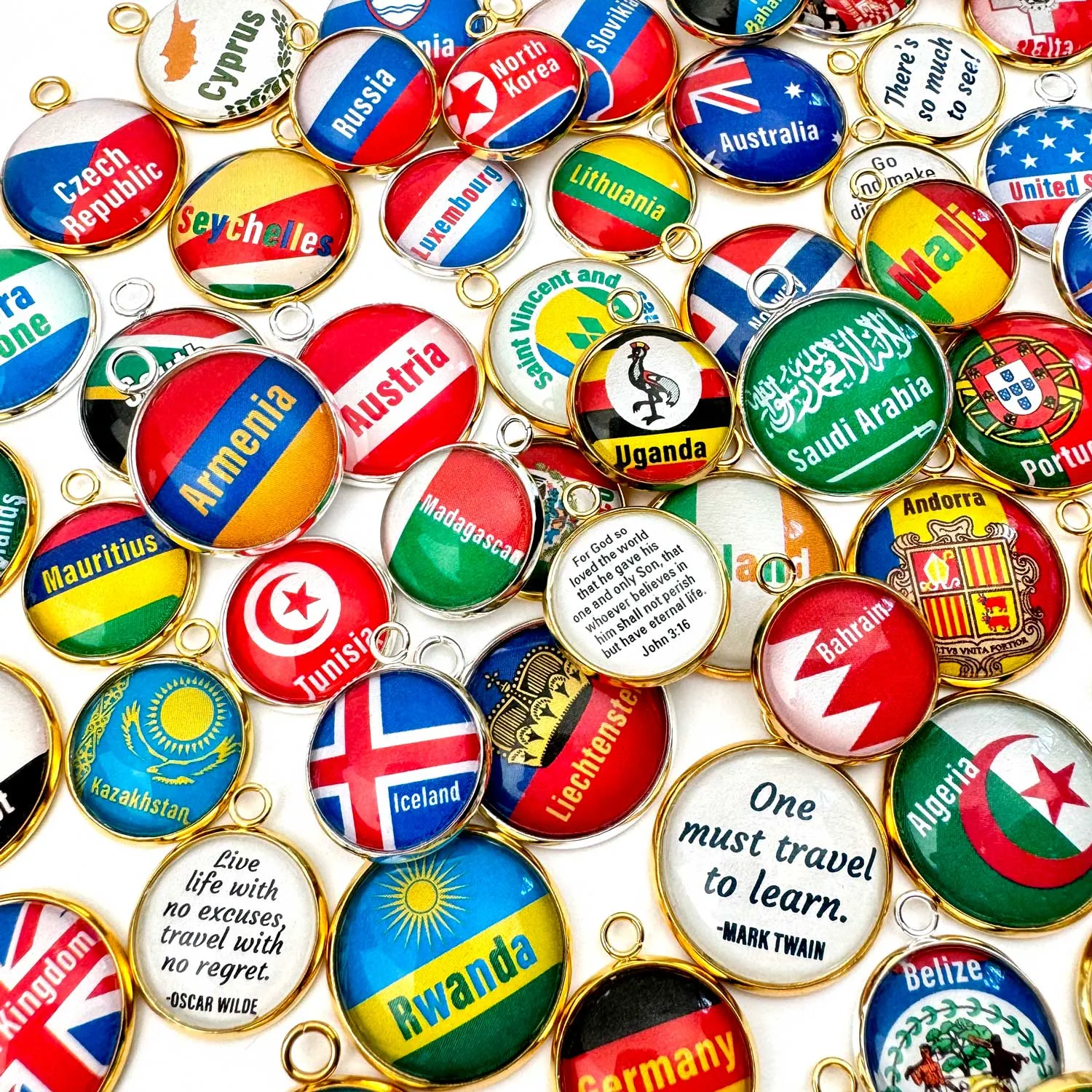 World Traveler Flags Charms – Country Flags Glass Charms for Jewelry Making, Full Color, 16mm or 20mm, Silver, Gold