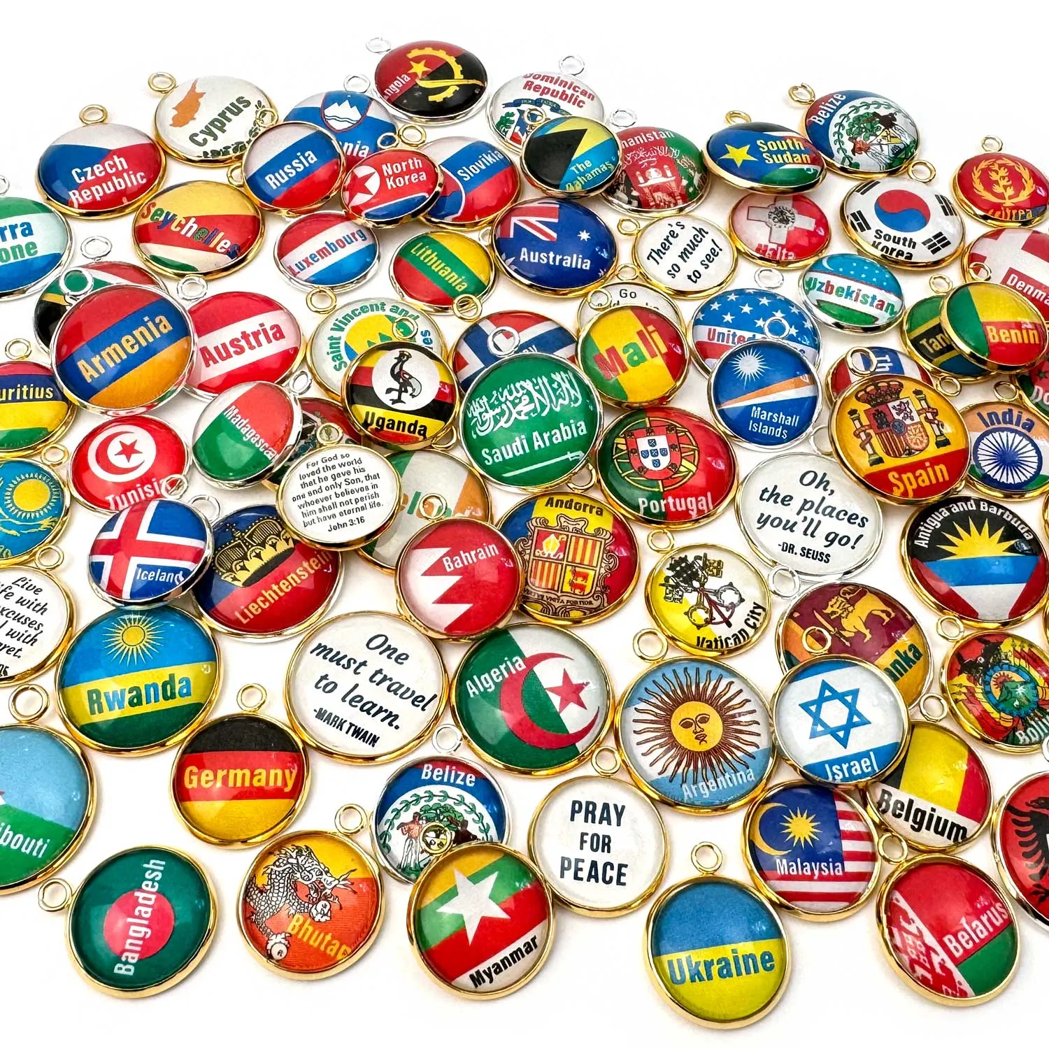 World Traveler Flags Charms – Country Flags Glass Charms for Jewelry Making, Full Color, 16mm or 20mm, Silver, Gold