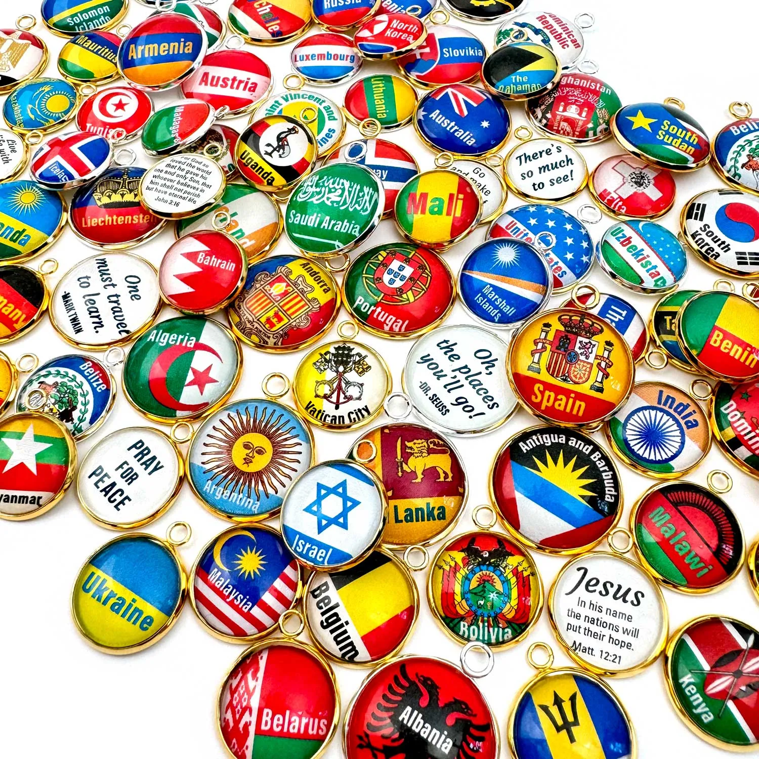 World Traveler Flags Charms – Country Flags Glass Charms for Jewelry Making, Full Color, 16mm or 20mm, Silver, Gold