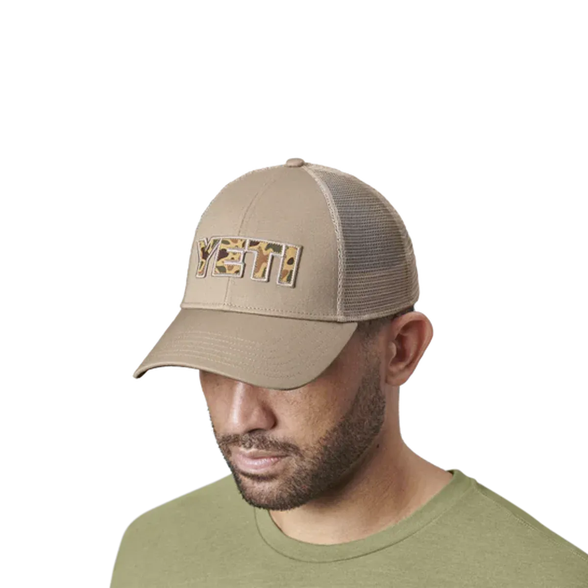 Yeti Camo Logo Badge Trucker Hat Khaki