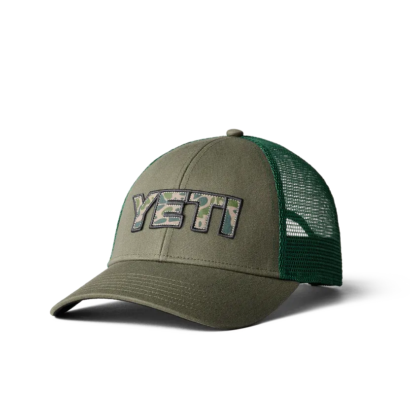 Yeti Camo Logo Badge Trucker Hat Olive