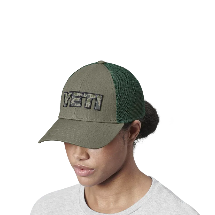 Yeti Camo Logo Badge Trucker Hat Olive