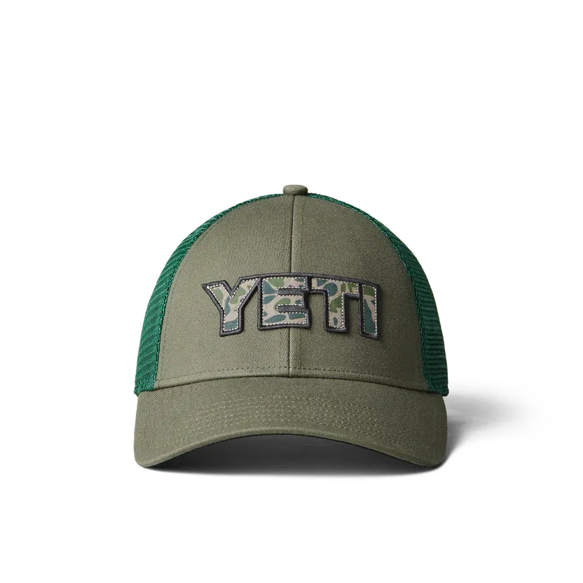 Yeti Camo Logo Badge Trucker Hat Olive